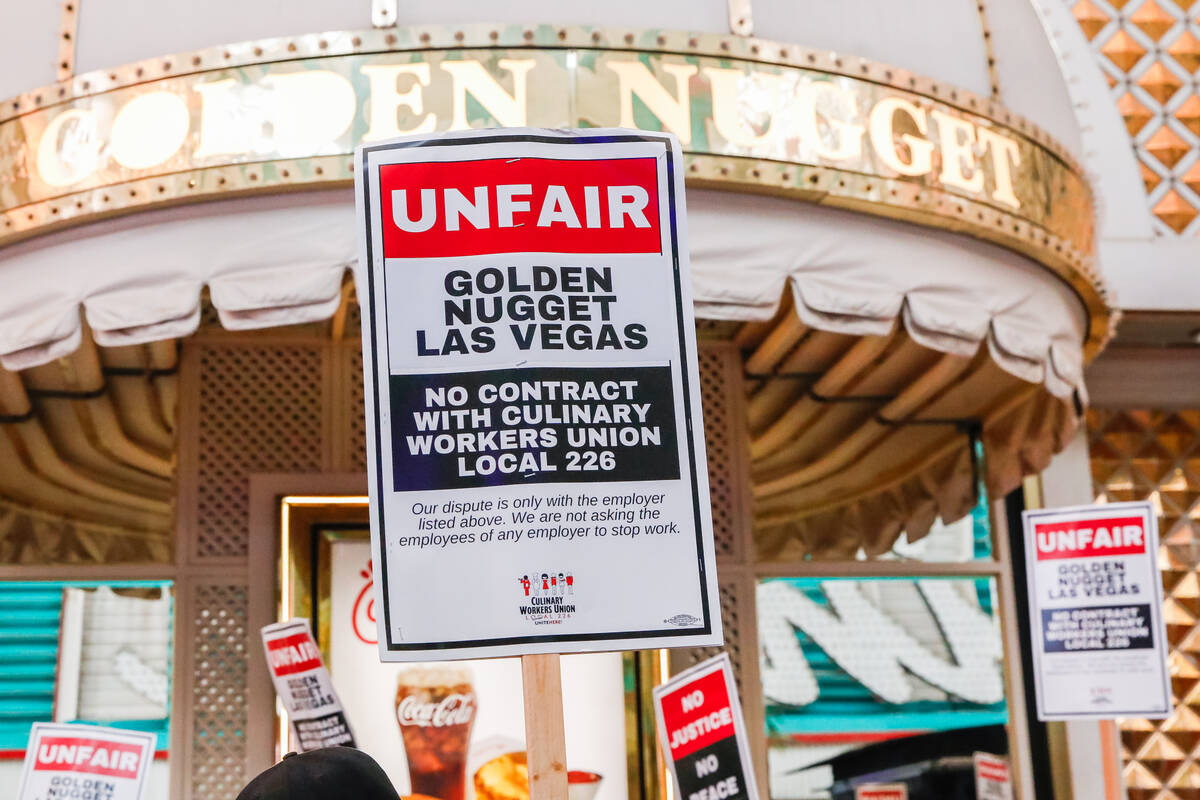 Members of the Culinary Local 226 picket outside the Golden Nugget on Friday, Feb. 2, 2024, in ...