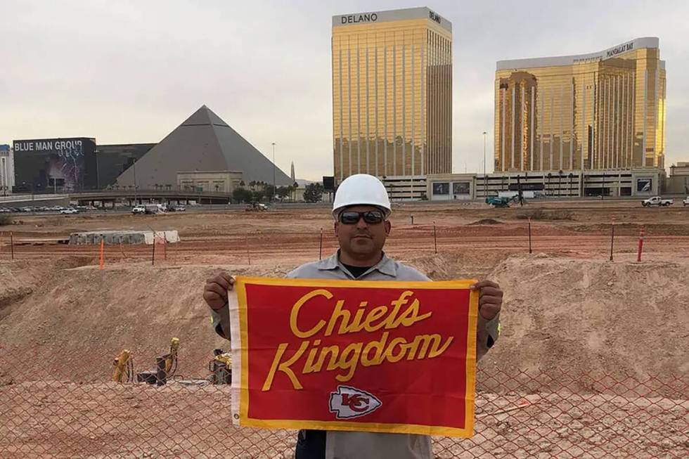 A Chiefs fan named Chris Scherzer posted a photo of a man wearing a white hardhat and dark glas ...