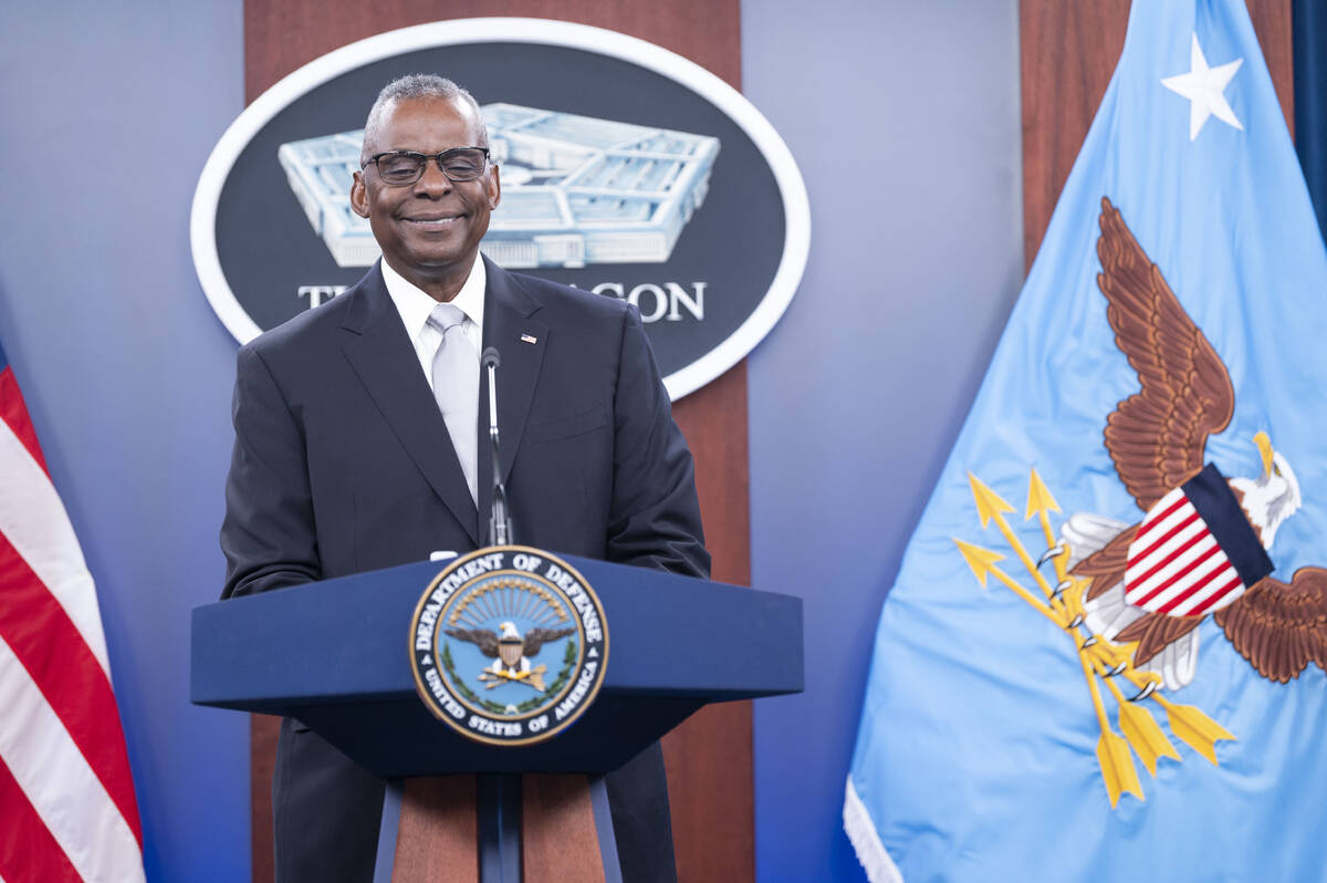 Defense Secretary Lloyd Austin takes part in a Pentagon press briefing at the Pentagon on Thurs ...