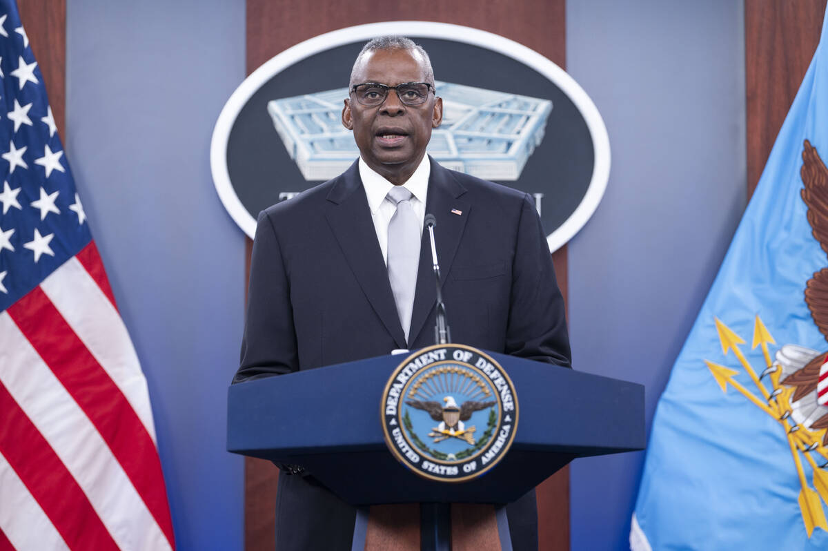 Defense Secretary Lloyd Austin speaks during a Pentagon press briefing at the Pentagon on Thurs ...