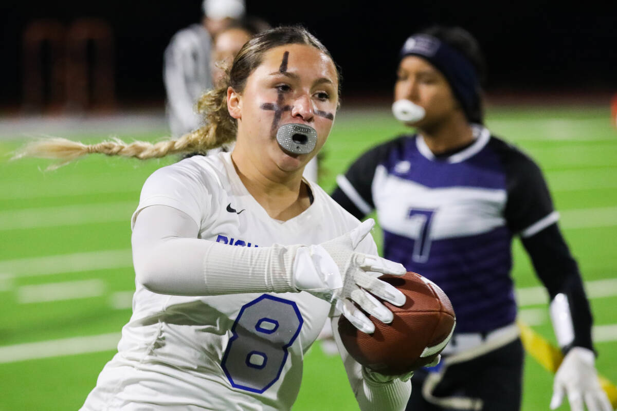 Bishop Gorman’s London Reed (8) runs the ball during a flag football game between Bishop ...