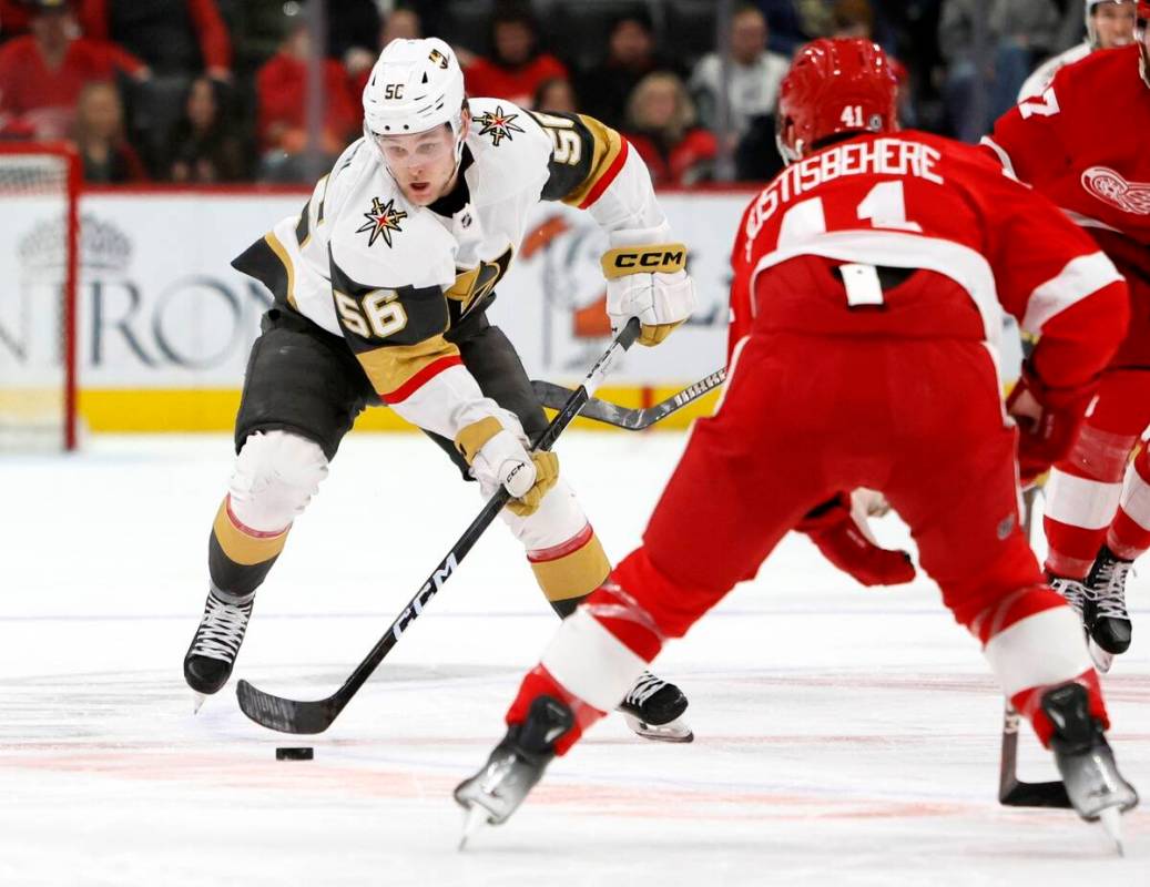 Vegas Golden Knights right wing Sheldon Rempal (56) drives up the ice against Detroit Red Wings ...