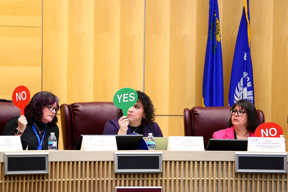 Board members Lisa Guzmàn, left, and Irene Bustamante Adams, right, vote no on a motion to ...