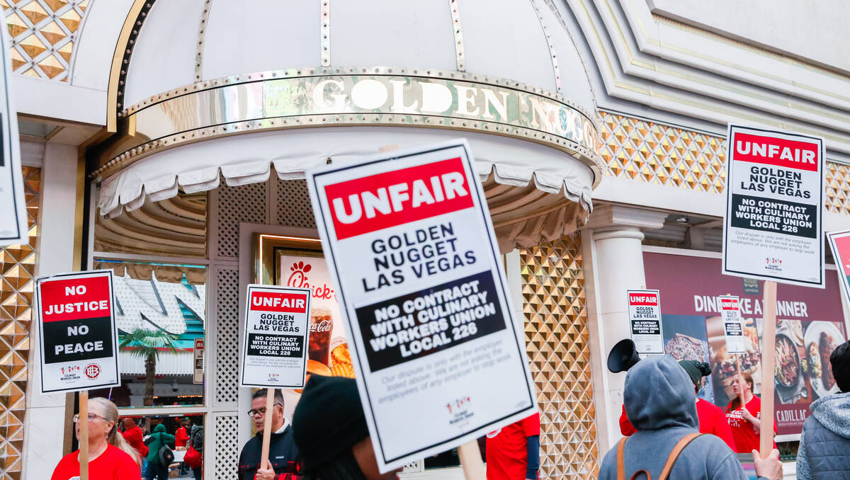 Members of the Culinary Union picket outside of the Golden Nugget on Friday, Feb. 2, 2024 in La ...