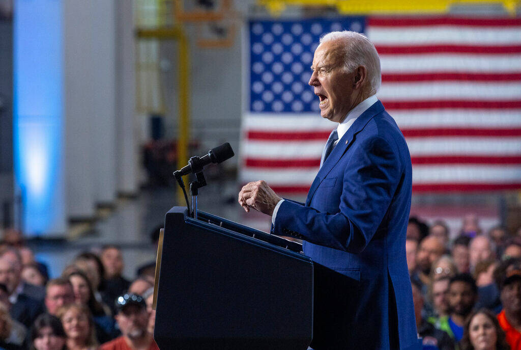 President Joe Biden speaks during a gathering at the Carpenters International Training Center o ...