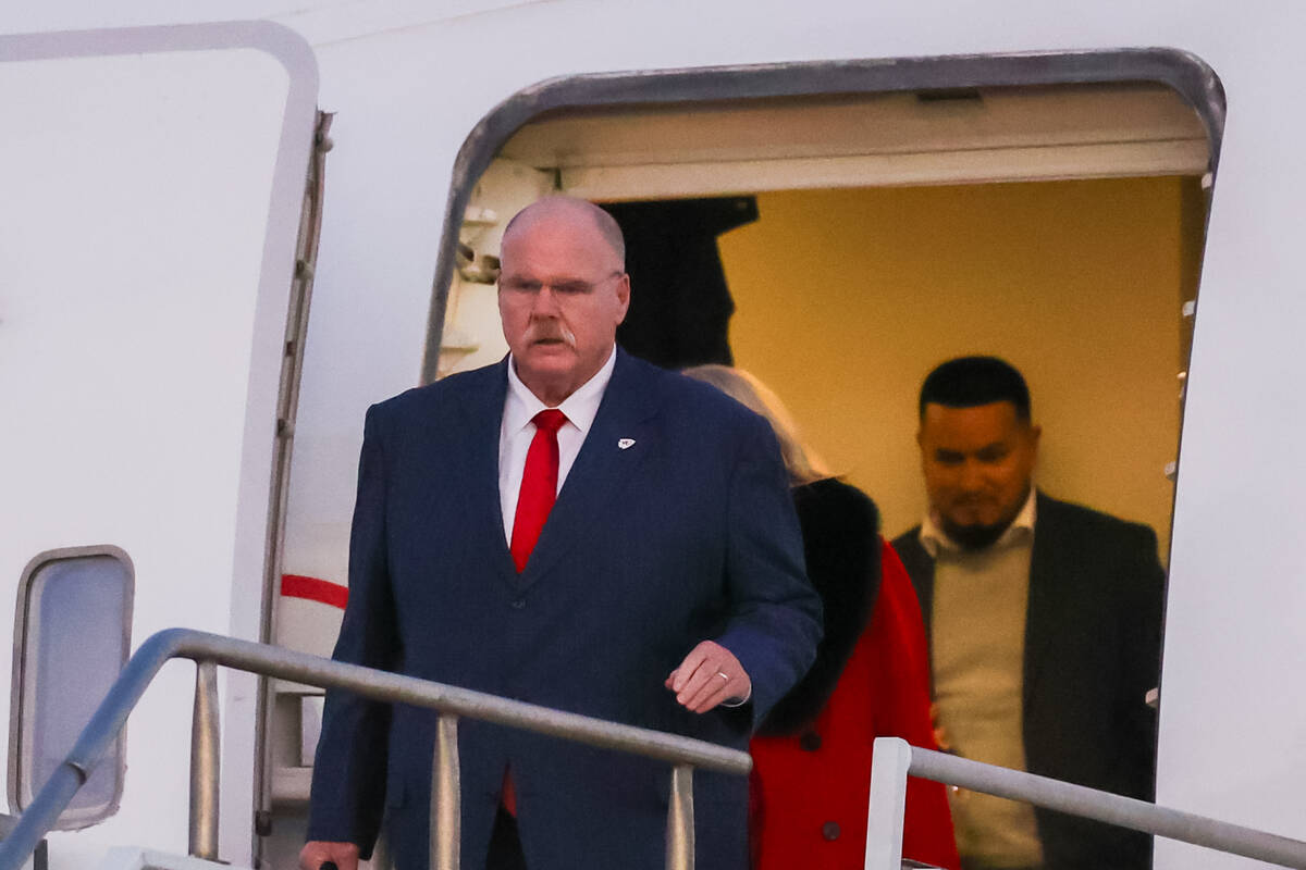 Kansas City Chiefs head coach Andy Reid arrives at the Harry Reid International Airport alongsi ...