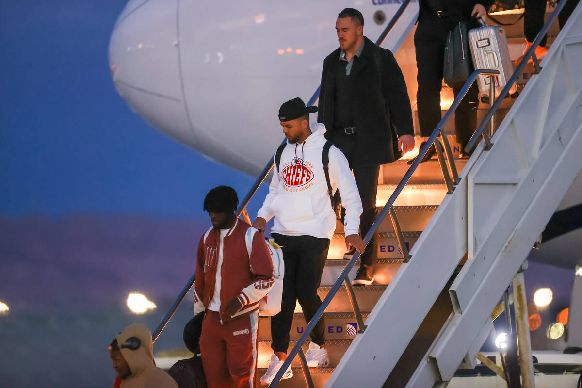 The Kansas City Chiefs arrive at the Harry Reid International Airport on Sunday, Feb. 4, 2024 i ...