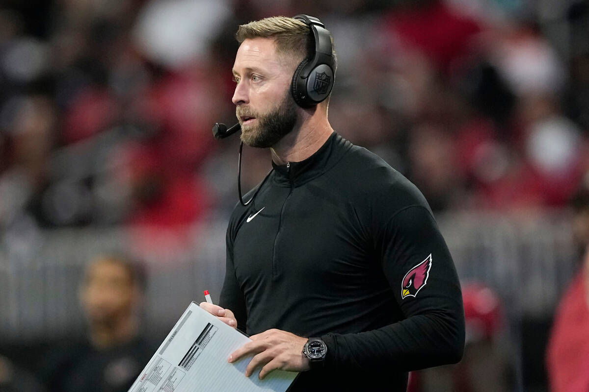 Arizona Cardinals head coach Kliff Kingsbury watches play against the Atlanta Falcons during th ...