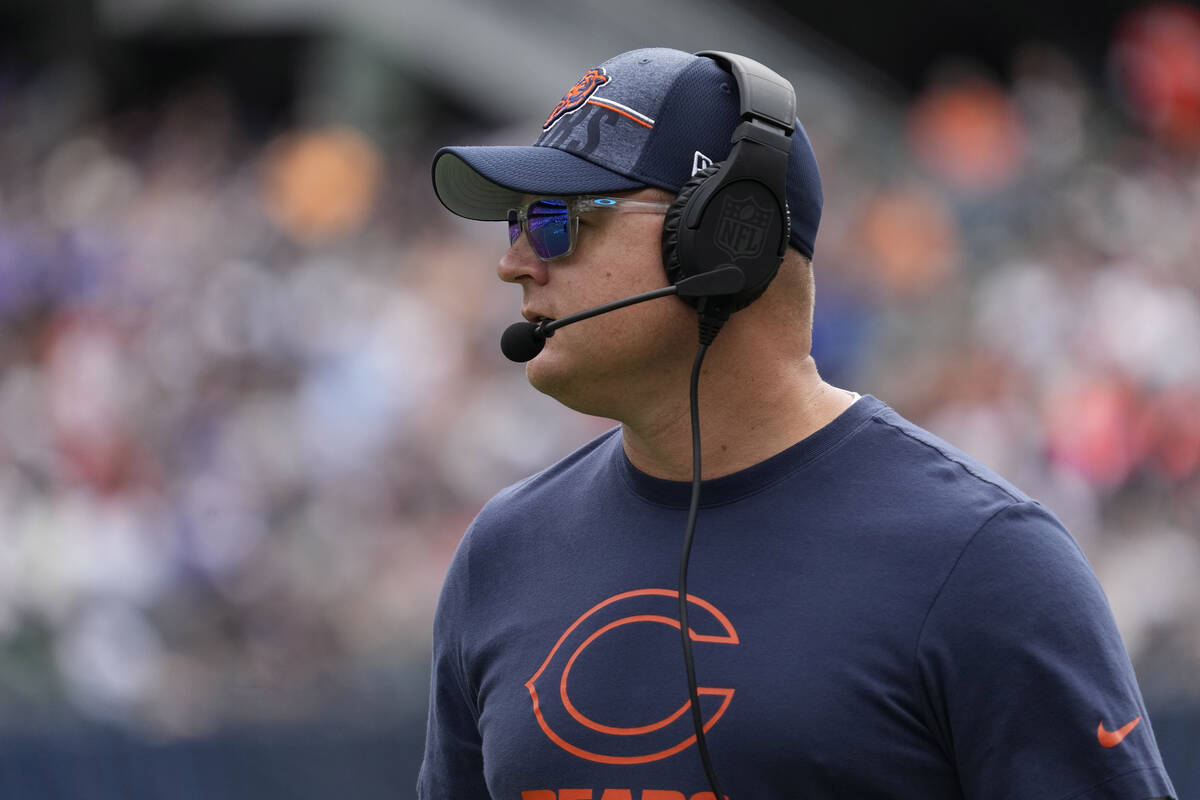 Chicago Bears offensive coordinator Luke Getsy watches during the first half of an NFL preseaso ...