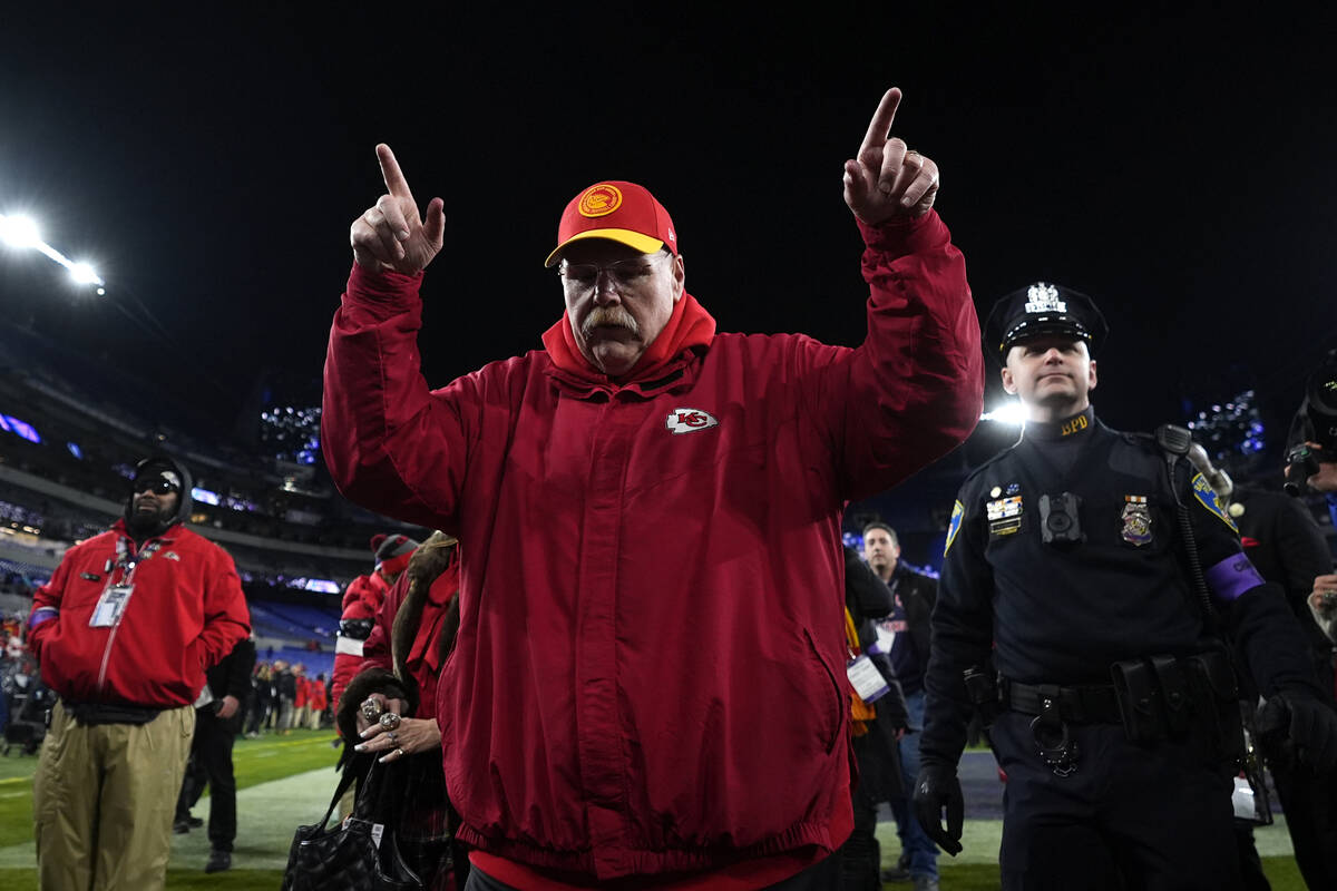 Kansas City Chiefs' Andy Reid reacts after the AFC Championship NFL football game, Sunday, Jan. ...