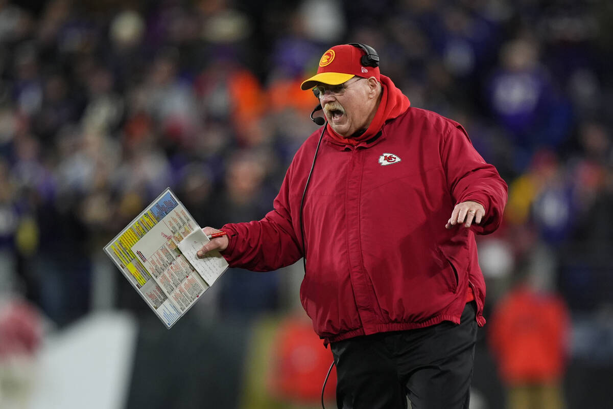 Kansas City Chiefs' Andy Reid reacts during the AFC Championship NFL football game, Sunday, Jan ...