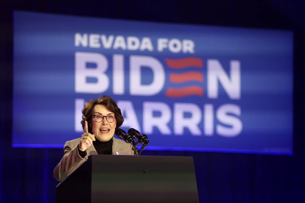 Sen. Jacky Rosen, D-Nev., speaks during a campaign event for President Joe Biden ahead of the N ...