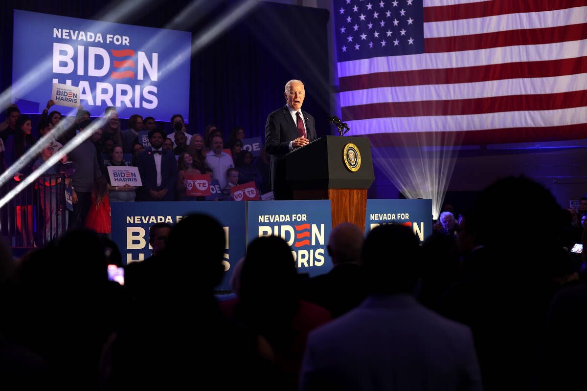 President Joe Biden speaks during a campaign event ahead of the Nevada presidential preference ...