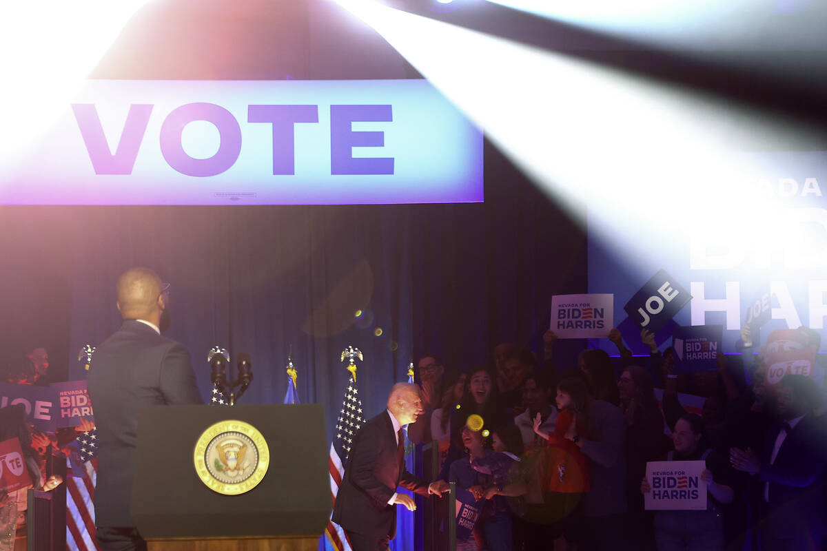 President Joe Biden speaks greets supporters during a campaign event ahead of the Nevada presid ...