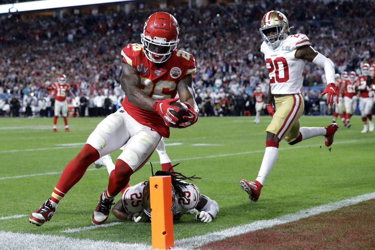 FILE - In this Feb. 2, 2020, file photo, Kansas City Chiefs' Damien Williams (26) scores a touc ...