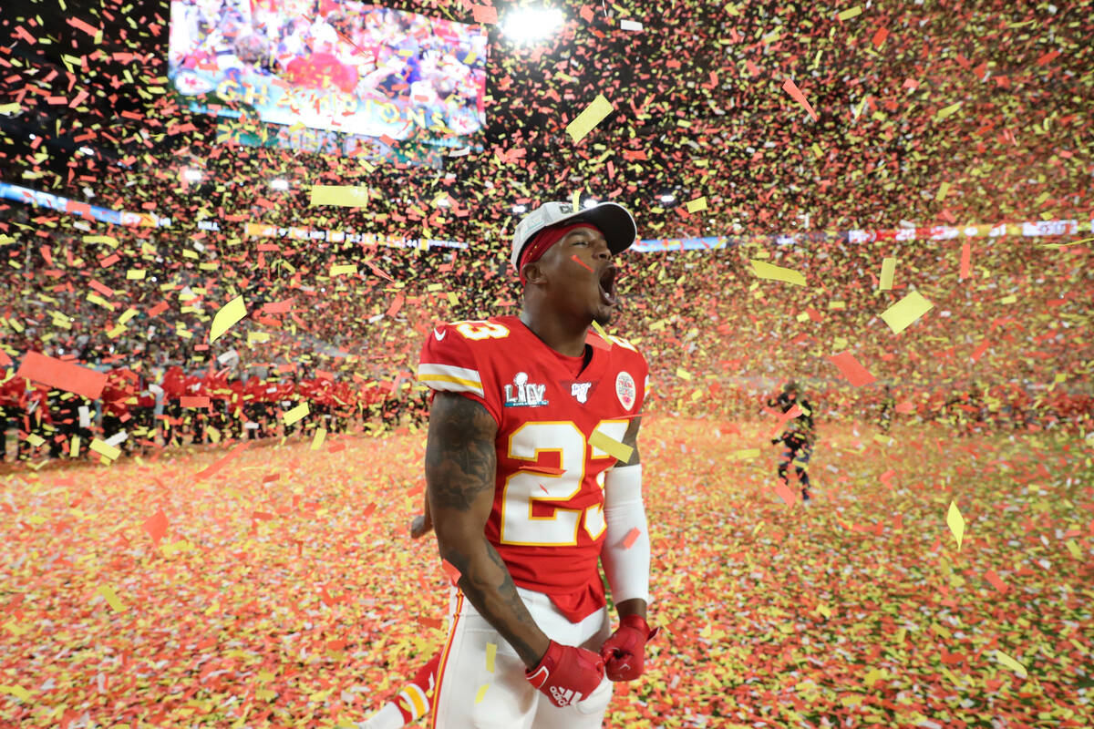 Kansas City Chiefs defensive back Armani Watts (23) celebrates his team's victory over the San ...