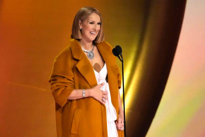 Celine Dion presents the award for album of the year during the 66th annual Grammy Awards on Su ...