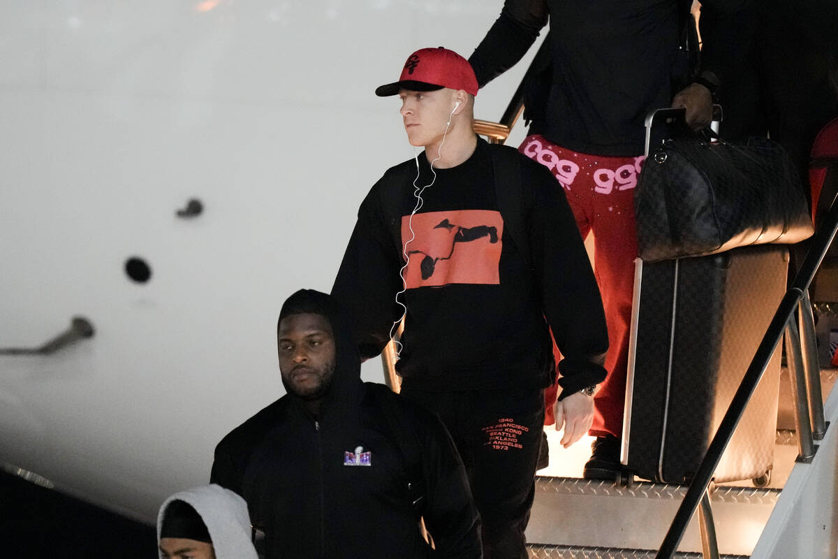 San Francisco 49ers running back Christian McCaffrey arrives ahead of the NFL Super Bowl 58 foo ...