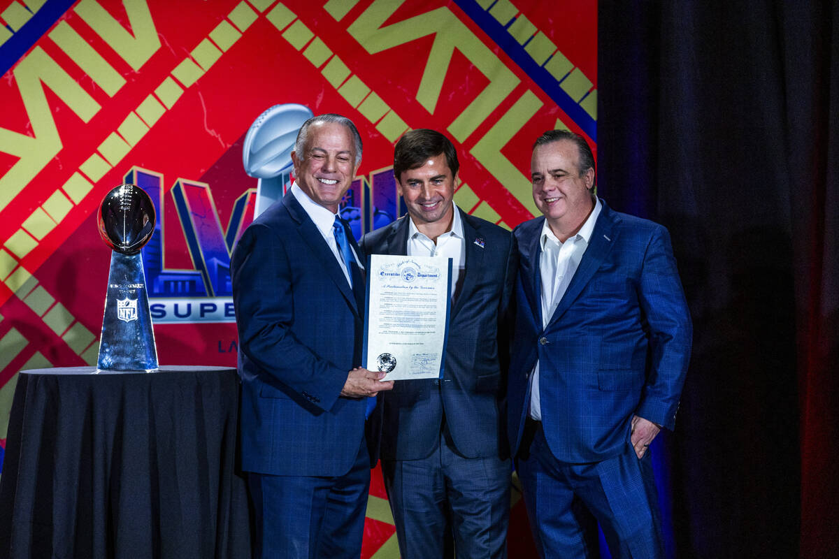 Governor Joe Lombardo presents a proclamation to Peter O’Reilly, NFL Executive Vice Pres ...