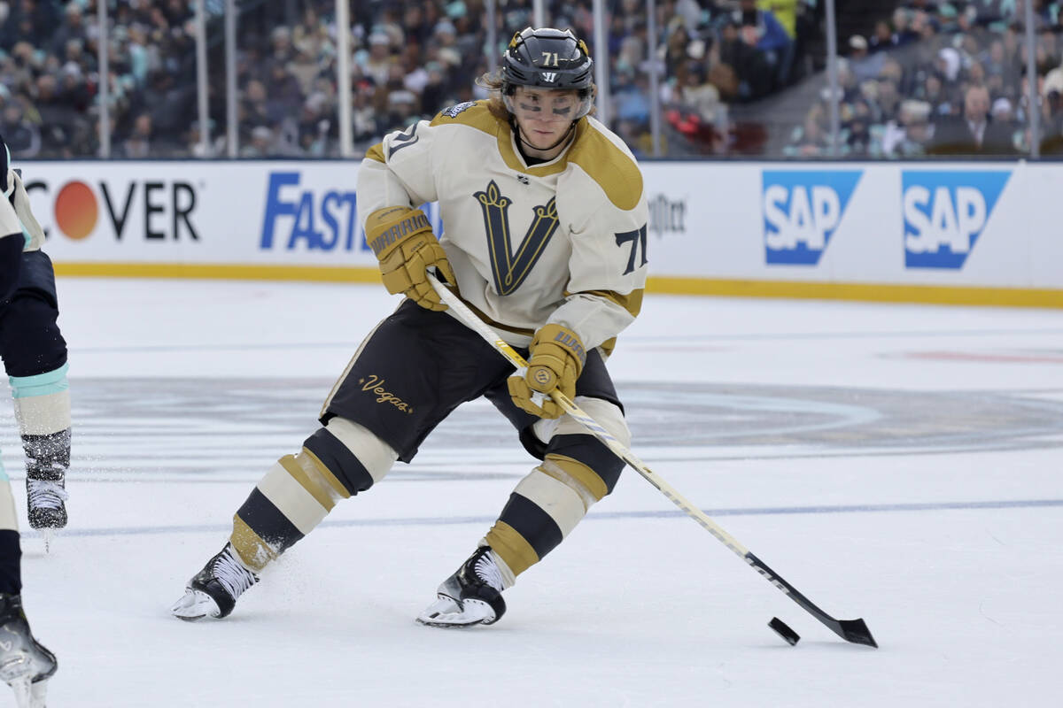 Vegas Golden Knights center William Karlsson (71) skates with the puck against the Seattle Krak ...