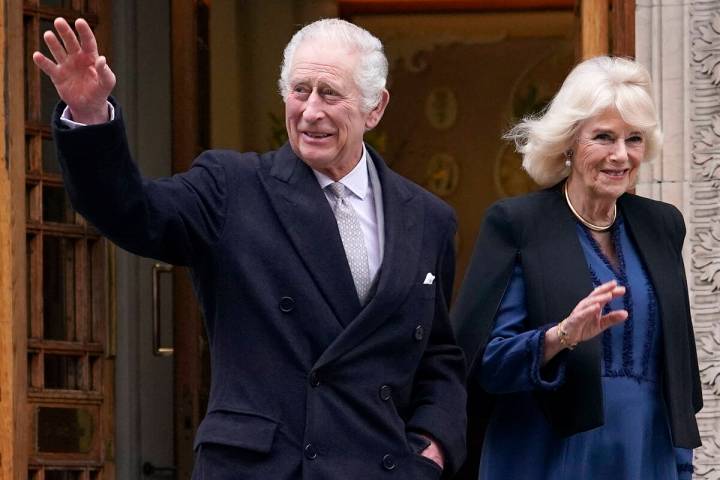 Britain's King Charles III and Queen Camilla leave The London Clinic in central London, Monday, ...