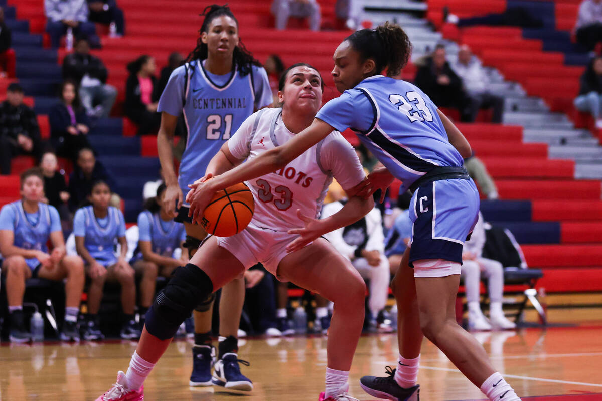 Liberty’s Leiliani Harworth (33) and Centennial’s Damoni Poole (23) wrestle for t ...