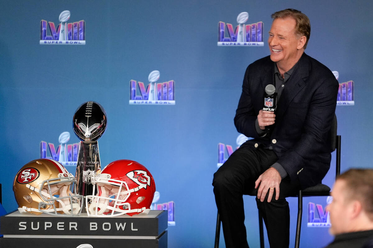 NFL football commissioner Roger Goodell speaks during a Super Bowl 58 news conference, Monday, ...