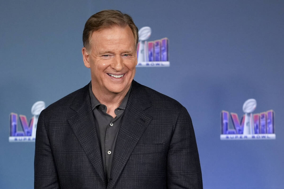 NFL football commissioner Roger Goodell speaks during a Super Bowl 58 news conference, Monday, ...