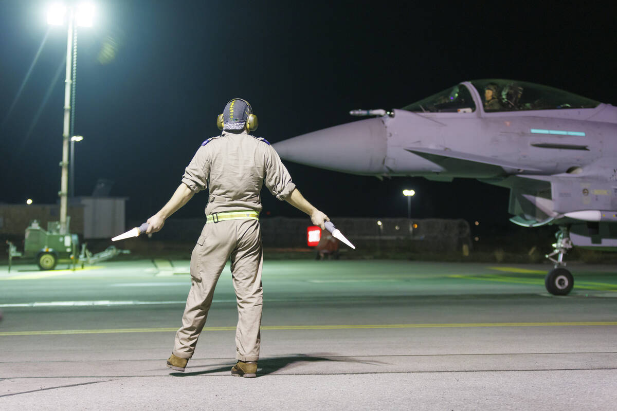 This photo issued by the Ministry of Defence (MOD) on Sunday. Feb. 4, 2024 shows a RAF Typhoon ...