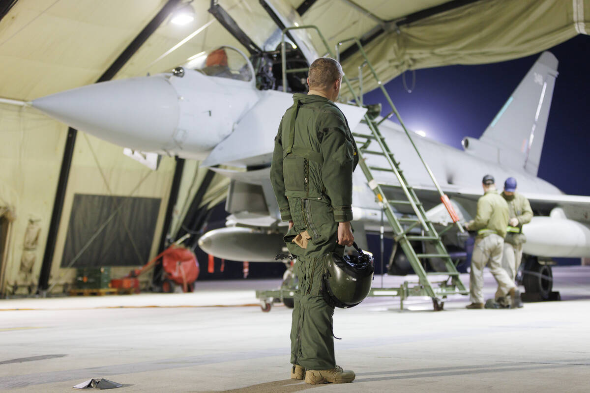 This photo issued by the Ministry of Defence (MOD) on Sunday, Feb. 4, 2024 shows a RAF Typhoon ...