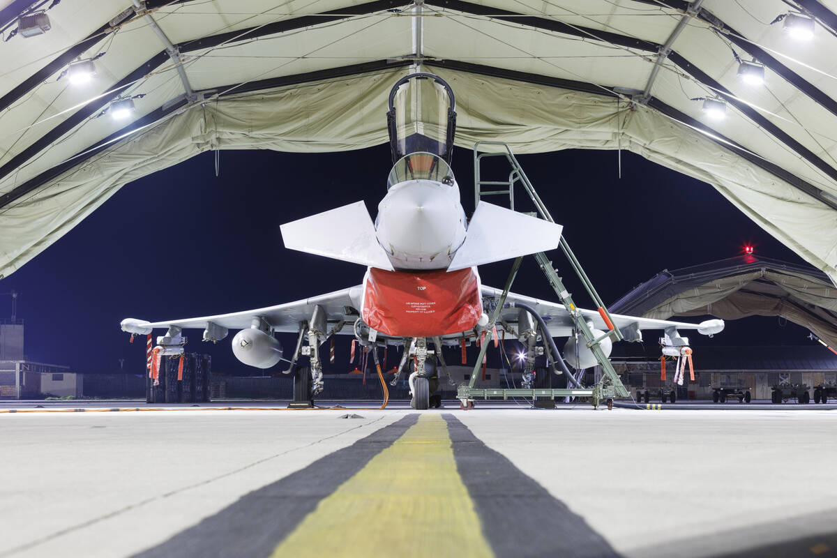 This photo issued by the Ministry of Defence (MOD) on Sunday, Feb. 4, 2024 shows a RAF Typhoon ...