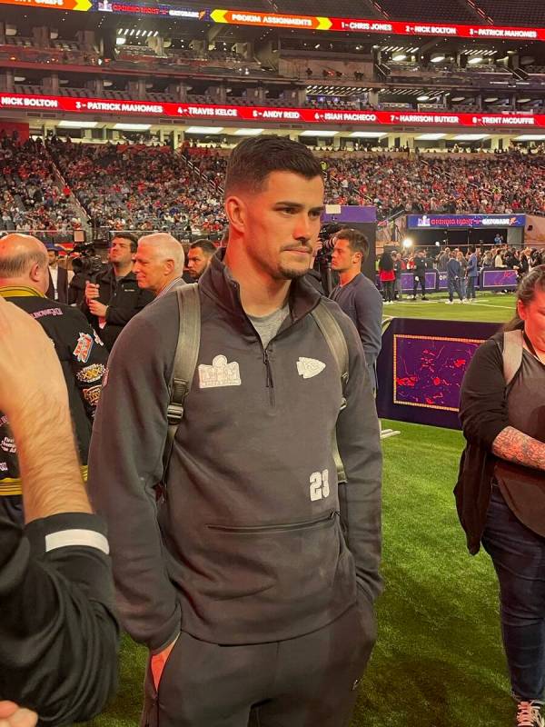 Chiefs linebacker Drue Tranquill takes in the atmosphere at Super Bowl Opening Night at Allegia ...