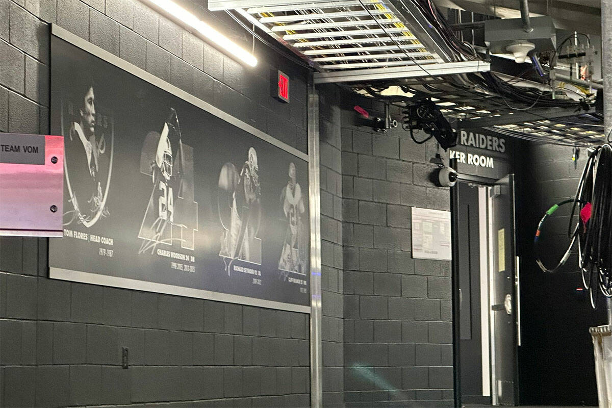 A photo of the Raiders Locker Room at Allegiant Stadium on Monday, Feb. 5, 2024. Confusion swir ...