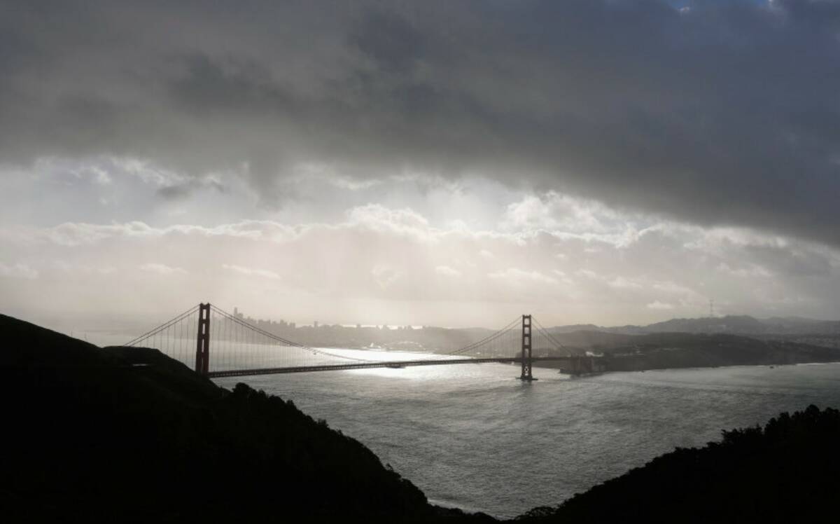 A storm passes above the Golden Gate Bridge near Sausalito, Calif., Monday, Feb. 5, 2024. (AP P ...