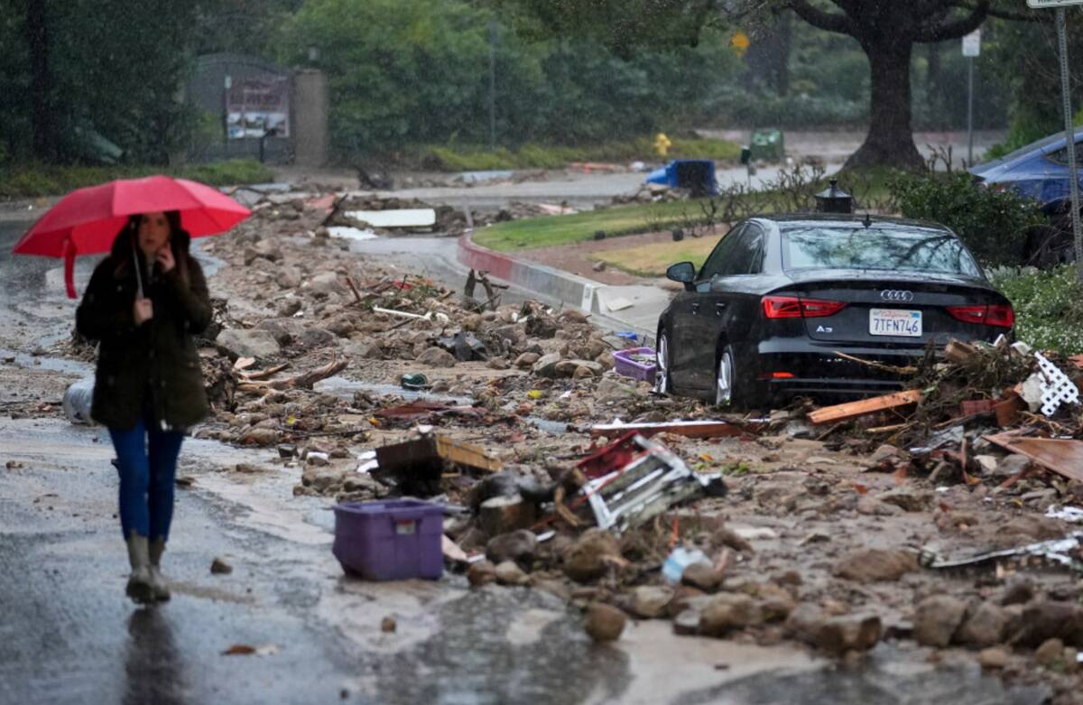 Mud and debris is strewn on Fryman Rd. during a rain storm, Monday Feb. 5, 2024, in Studio City ...