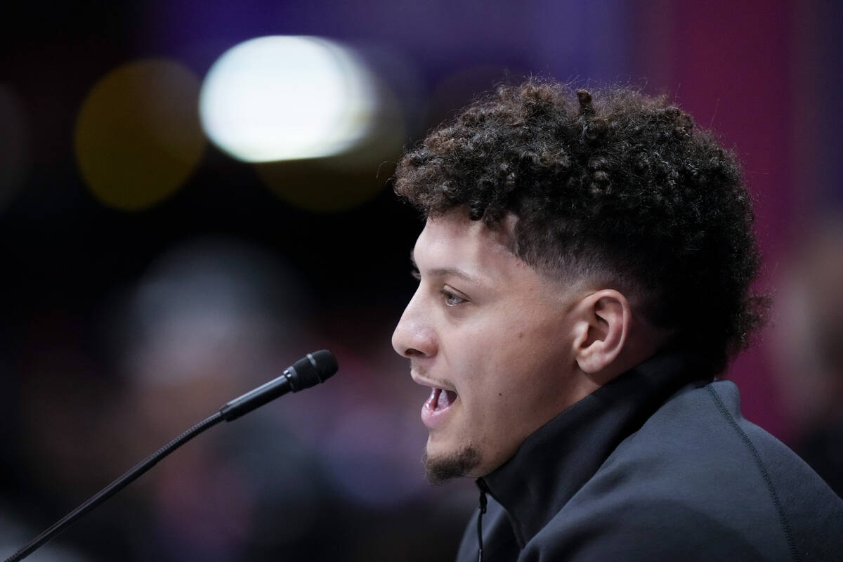 Kansas City Chiefs quarterback Patrick Mahomes speaks to the media during NFL football Super Bo ...