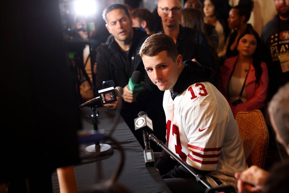 San Francisco 49ers quarterback Brock Purdy talks with the news media at Hilton Lake Las Vegas ...