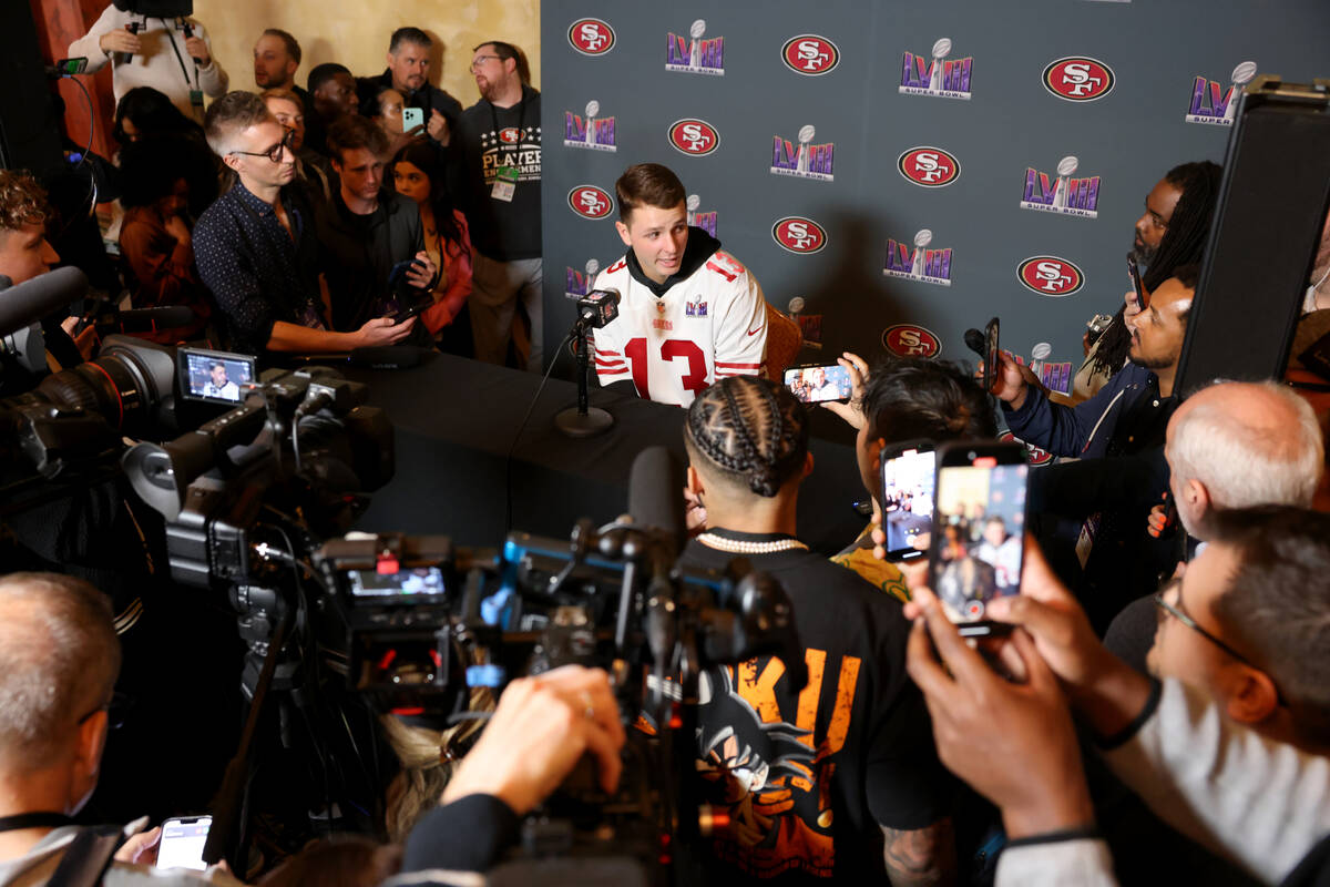 San Francisco 49ers quarterback Brock Purdy talks with the news media at Hilton Lake Las Vegas ...