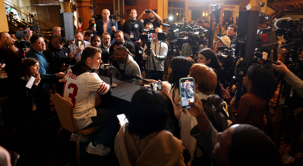 San Francisco 49ers quarterback Brock Purdy talks with the news media at Hilton Lake Las Vegas ...