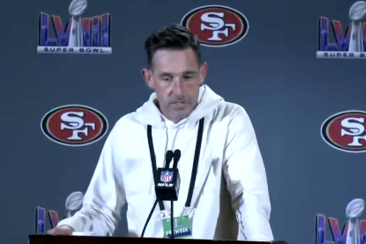 San Francisco 49ers Head Coach Kyle Shanahan speaks to the media on Feb. 6, 2024. (Las Vegas Re ...