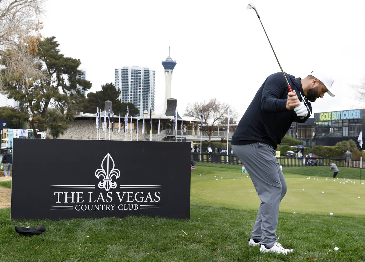 Jon Rahm practices before the LIV Golf Las Vegas tournament at the Las Vegas Country Club, on T ...