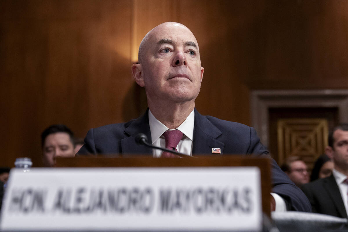 Secretary of Homeland Security Alejandro Mayorkas testifies during a Senate Homeland Security a ...