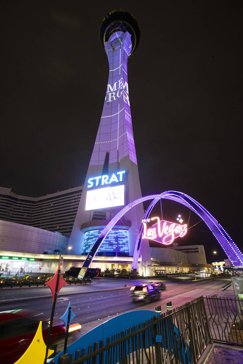 Lighting projections are tested on The Strat on Monday, Feb. 5, 2024, in Las Vegas. (Chase Stev ...