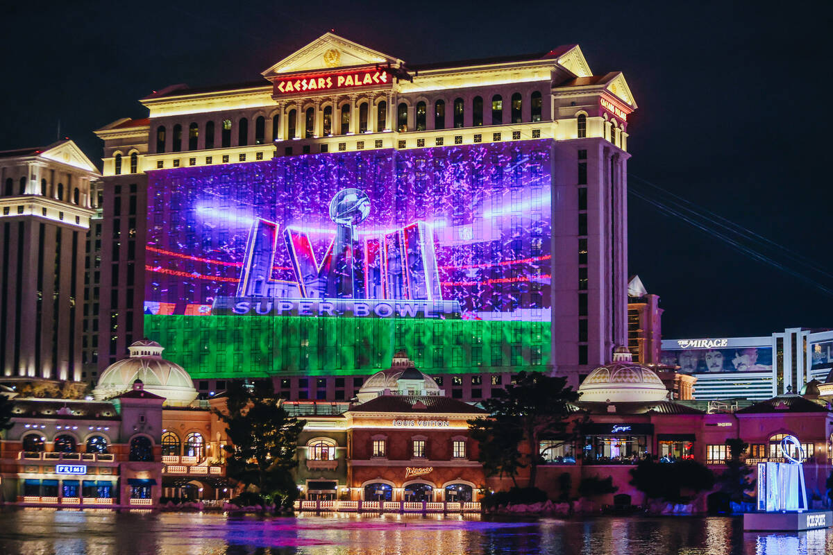 The 65,000-square-foot “Super Bowl Projection Show" takes place on the side of Caesars Palace ...