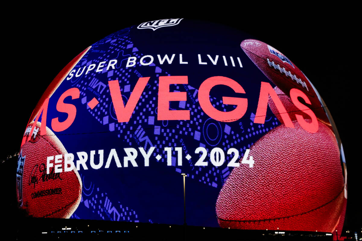 The Sphere displays Super Bowl LVIII related logos on Monday, Feb. 5, 2024 in Las Vegas. (Danie ...