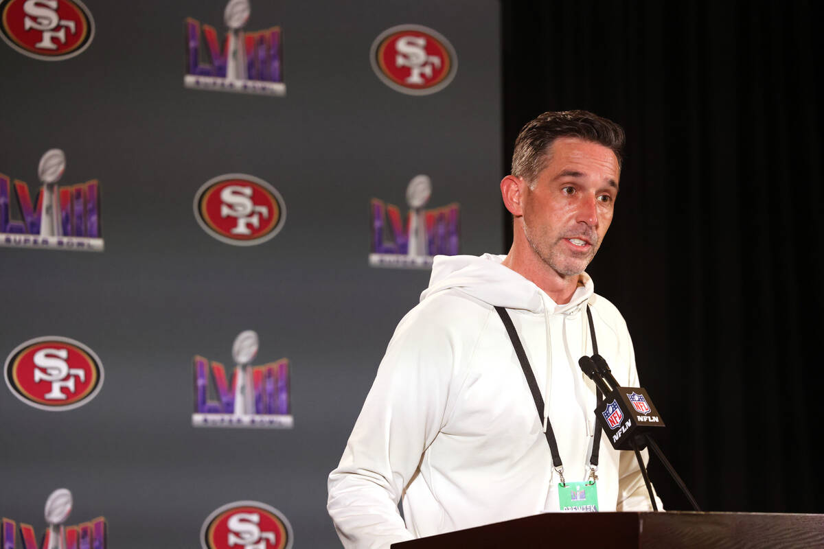 San Francisco 49ers coach Kyle Shanahan talks with the news media at Hilton Lake Las Vegas Reso ...