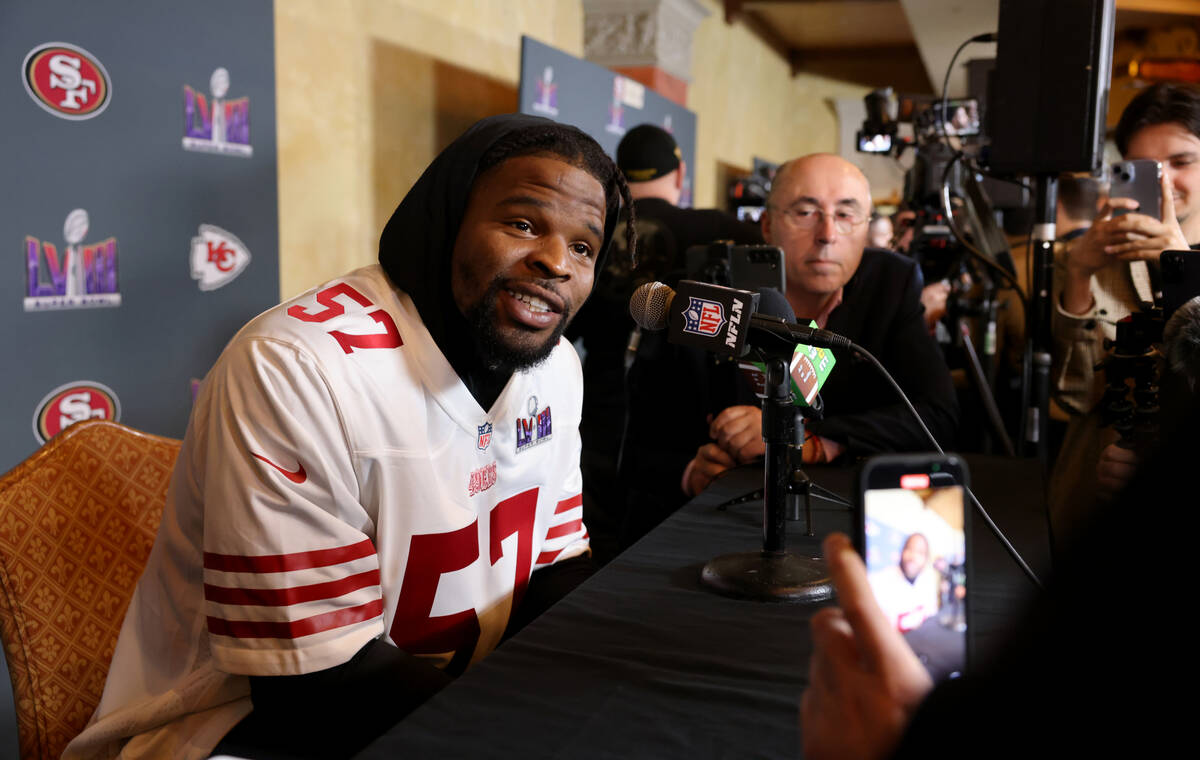 San Francisco 49ers linebacker Dre Greenlaw talks with the news media at Hilton Lake Las Vegas ...