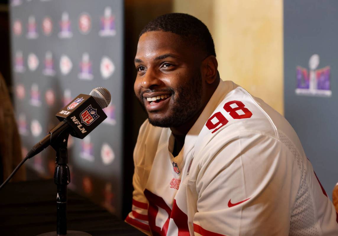 San Francisco 49ers defensive lineman Javon Hargrave talks with the news media at Hilton Lake L ...