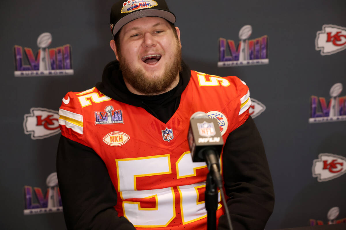 Kansas City Chiefs center Creed Humphrey talks with the news media at Westin Lake Las Vegas in ...