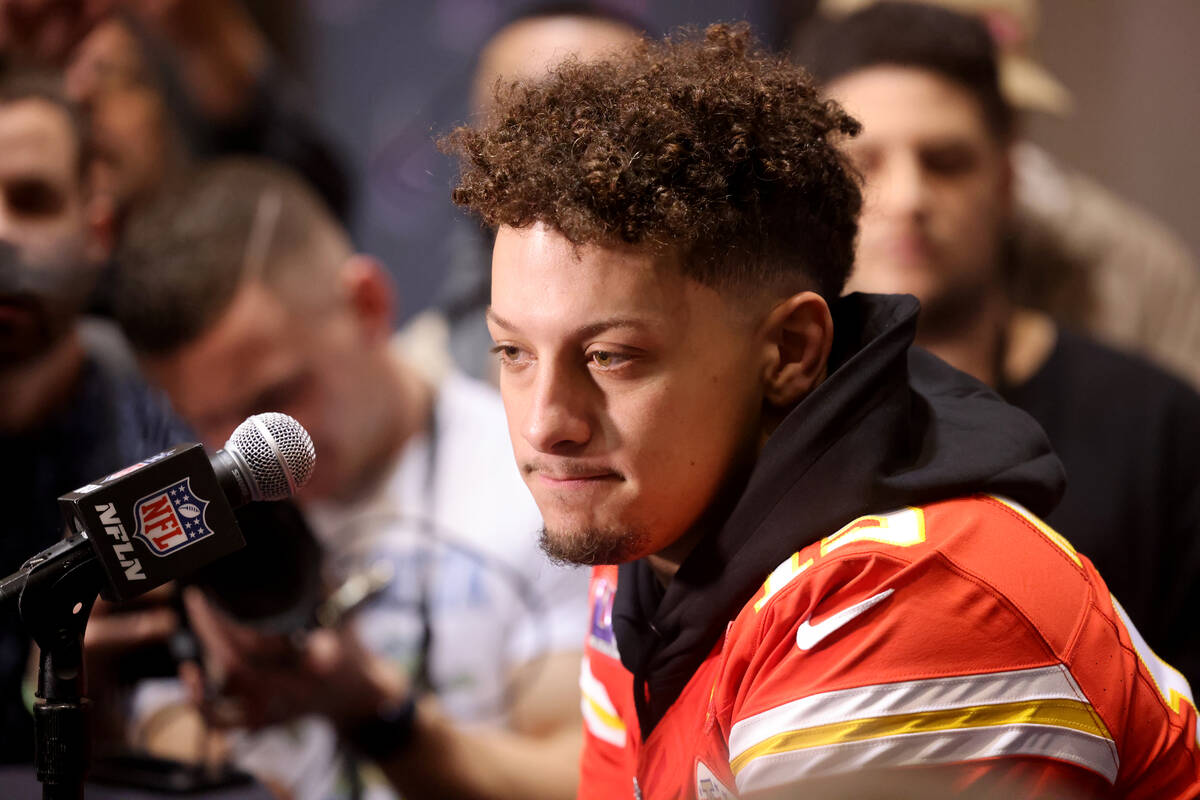 Kansas City Chiefs quarterback Patrick Mahomes talks with the news media at Westin Lake Las Veg ...